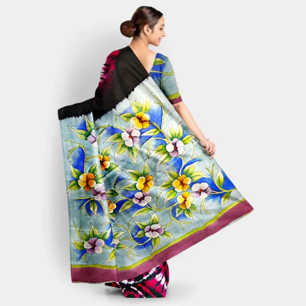 Black With Red Shibori Print Silk Saree - Image 4