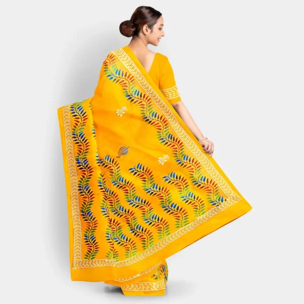 Leaf Motif Golden Yellow Silk Printed Saree - Image 3