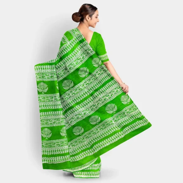 White Block Printed Light Green Silk Saree - Image 4