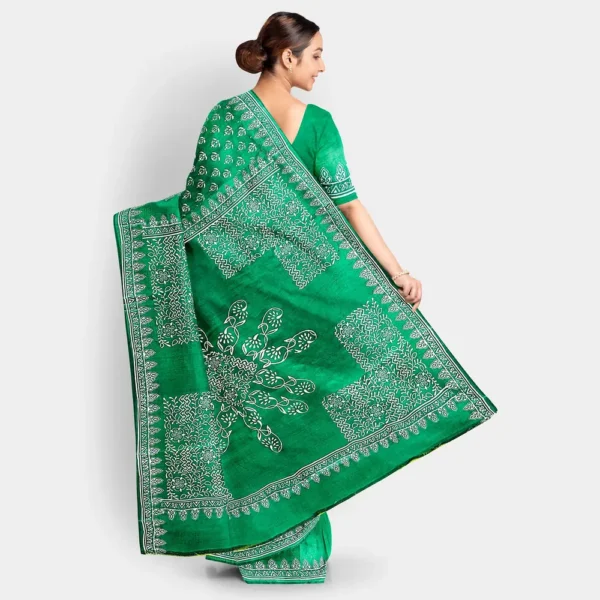 White Floral Printed Dark Green Silk Saree - Image 4