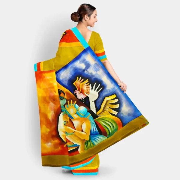 Hand Printed Figure Motif Olive Green Silk Saree - Image 4