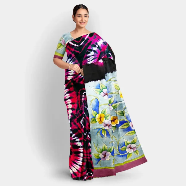 Black With Red Shibori Print Silk Saree