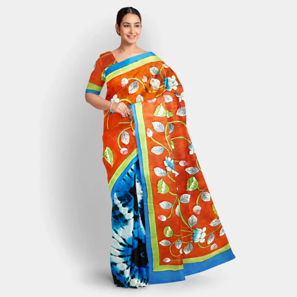 Shibori With Floral Hand Print Half & Half Silk Saree