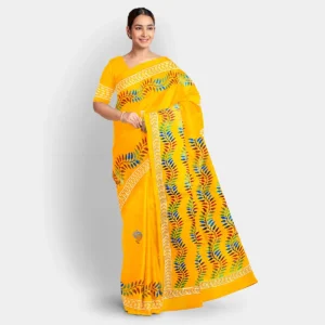 Leaf Motif Golden Yellow Silk Printed Saree