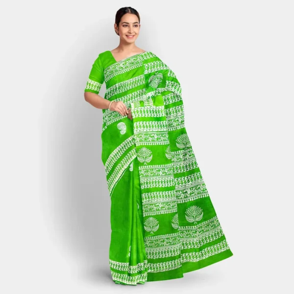 White Block Printed Light Green Silk Saree - Image 2