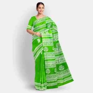 White Block Printed Light Green Silk Saree