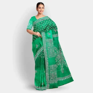 White Floral Printed Dark Green Silk Saree