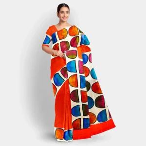 Hand Print Deep Orange Silk Saree