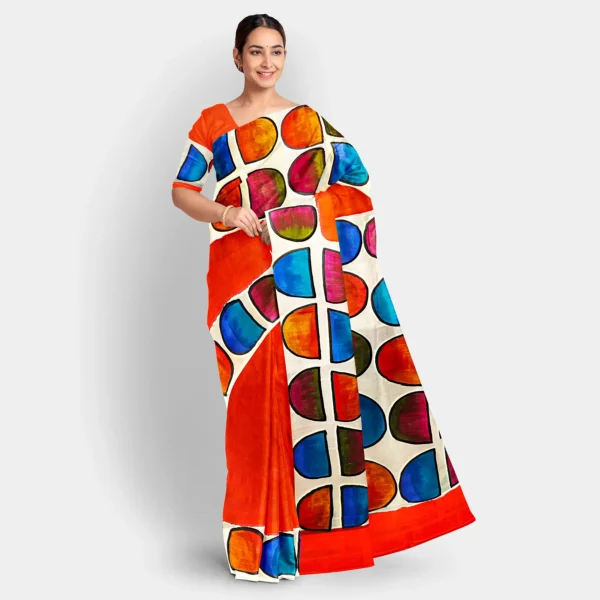Hand Print Deep Orange Silk Saree