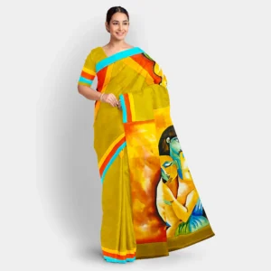 Hand Printed Figure Motif Olive Green Silk Saree