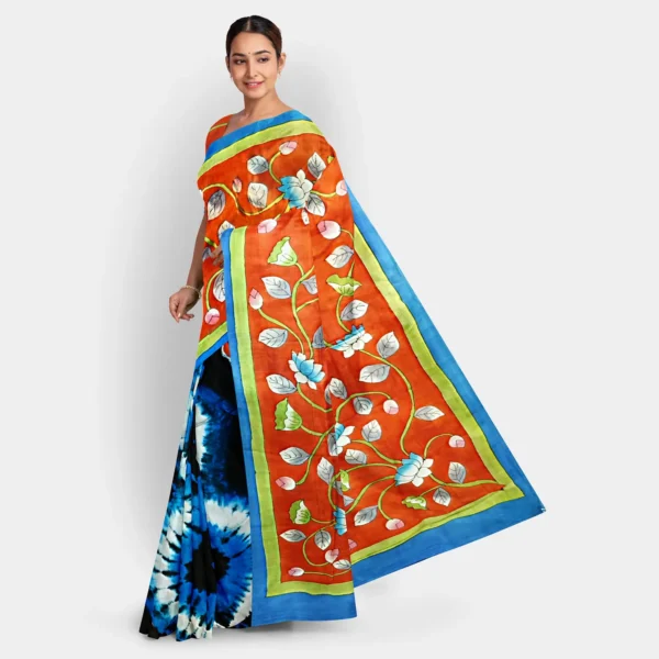 Shibori With Floral Hand Print Half & Half Silk Saree - Image 4