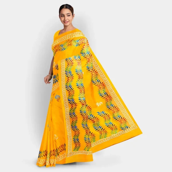 Leaf Motif Golden Yellow Silk Printed Saree - Image 4