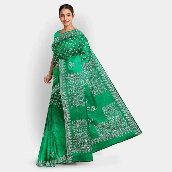 White Floral Printed Dark Green Silk Saree - Image 3