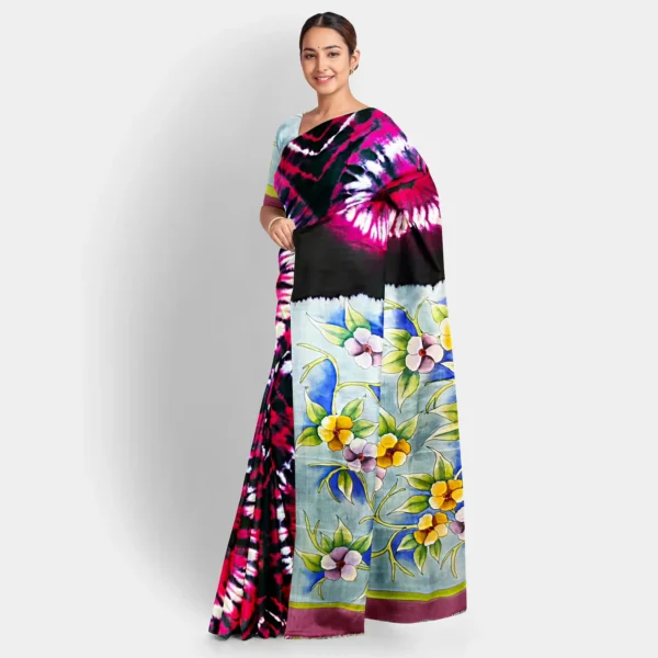 Black With Red Shibori Print Silk Saree - Image 2