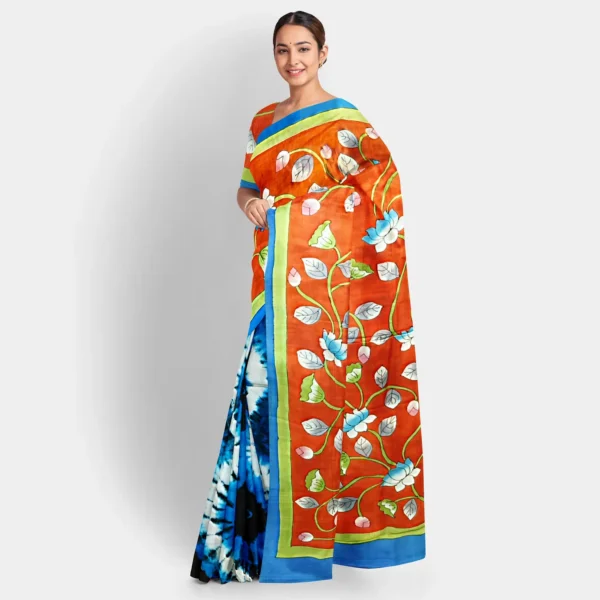 Shibori With Floral Hand Print Half & Half Silk Saree - Image 2