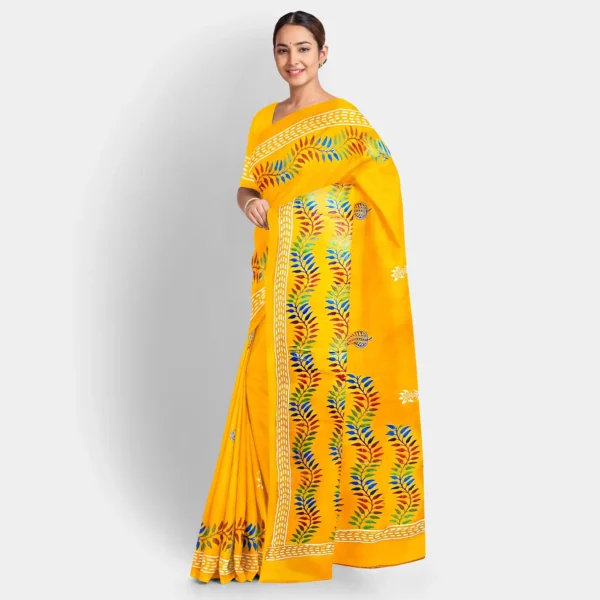 Leaf Motif Golden Yellow Silk Printed Saree - Image 2