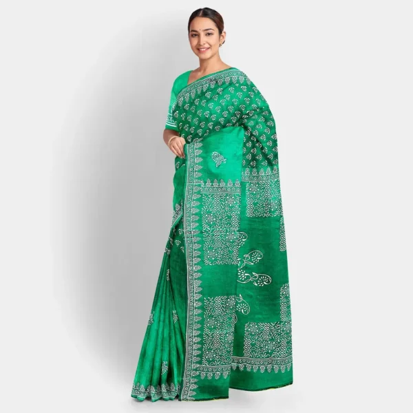 White Floral Printed Dark Green Silk Saree - Image 2