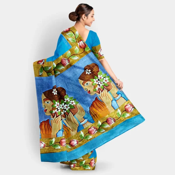 Sky Blue With Figure Motif Hand Printed Silk Saree - Image 4