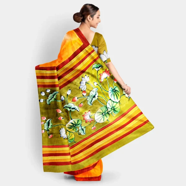 Deep Orange Base With Floral Hand Printed Silk Saree - Image 4