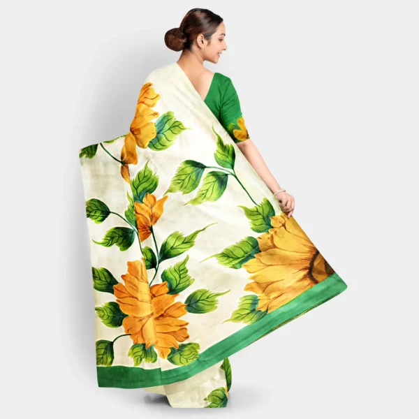 Sunflower Motif Hand Printed Silk Saree - Image 4