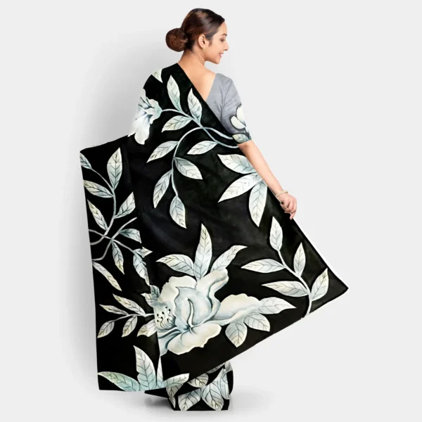 Black With White Floral Hand Printed Silk Saree - Image 4