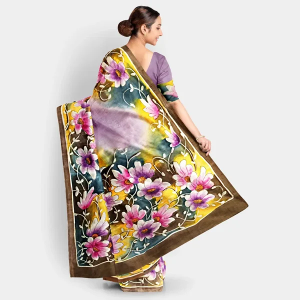 Pink Base & Floral Hand Printed Silk Saree - Image 3