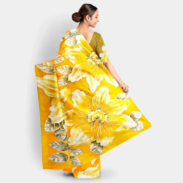 Golden Yellow With White Floral Hand Printed Silk Saree - Image 4