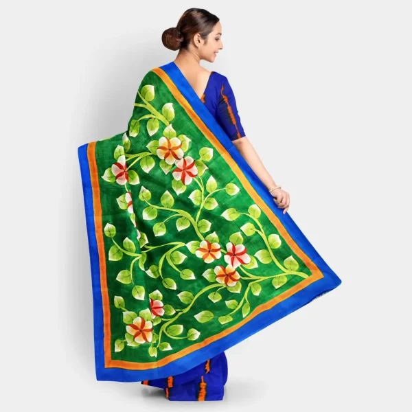 Blue Shibori With Floral Hand Print Half & Half Silk Saree - Image 4