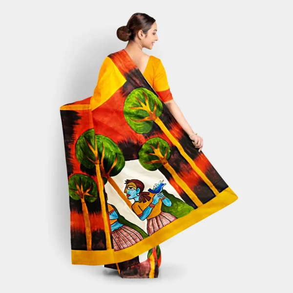 Deep Yellow With Hand Printed Silk Saree - Image 4