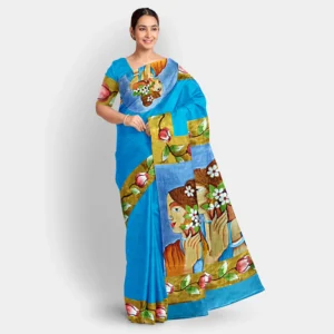 Sky Blue With Figure Motif Hand Printed Silk Saree