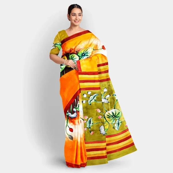 Deep Orange Base With Floral Hand Printed Silk Saree
