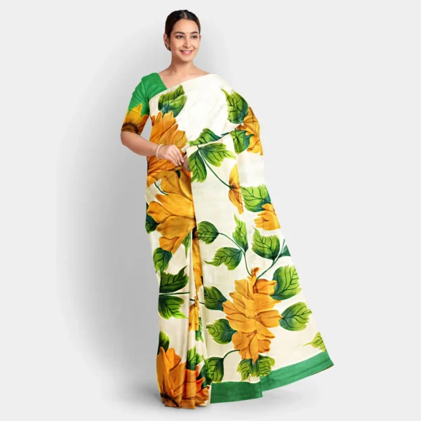 Sunflower Motif Hand Printed Silk Saree