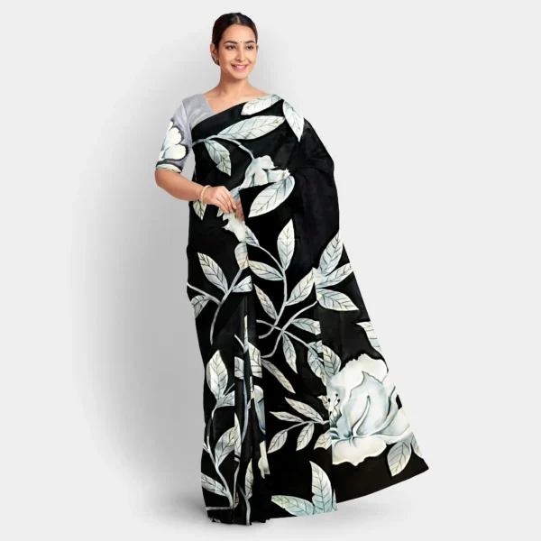 Black With White Floral Hand Printed Silk Saree