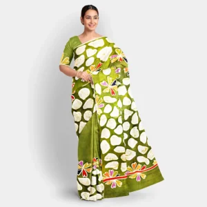 Parrot Green With Geometrical & Floral Batik Work Silk Saree