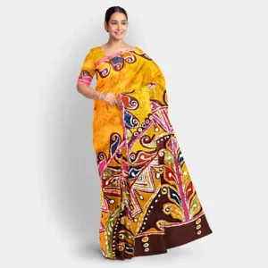 Deep Yellow With Kalka Motif Batik Silk Saree