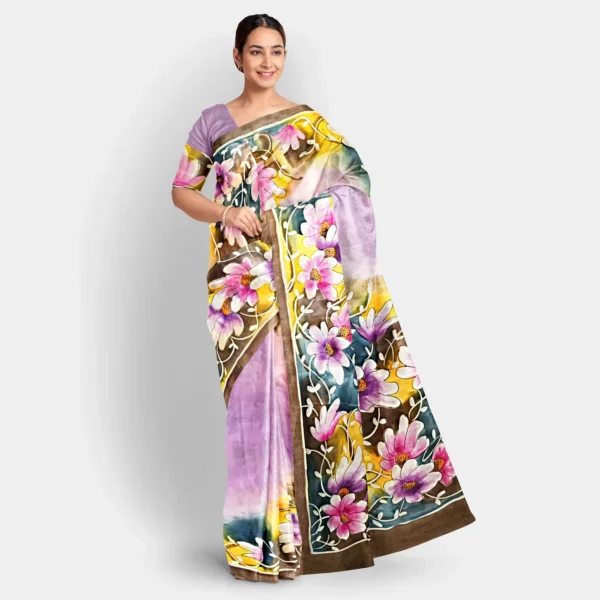 Pink Base & Floral Hand Printed Silk Saree