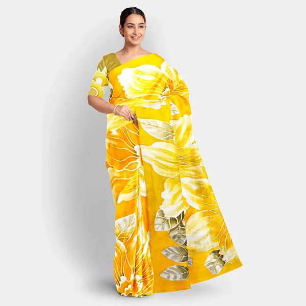 Golden Yellow With White Floral Hand Printed Silk Saree