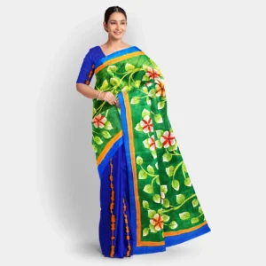 Blue Shibori With Floral Hand Print Half & Half Silk Saree
