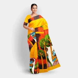 Deep Yellow With Hand Printed Silk Saree