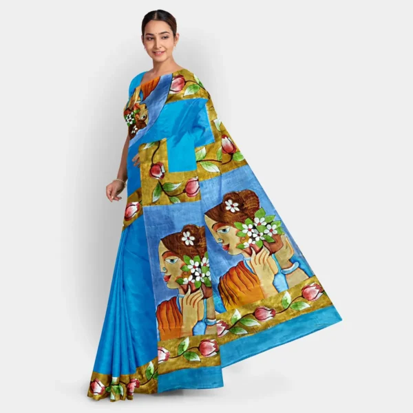 Sky Blue With Figure Motif Hand Printed Silk Saree - Image 3