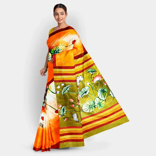 Deep Orange Base With Floral Hand Printed Silk Saree - Image 3