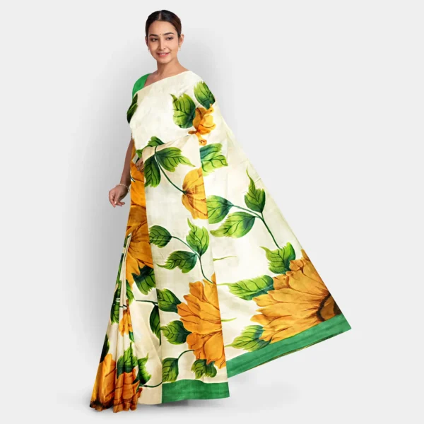 Sunflower Motif Hand Printed Silk Saree - Image 3