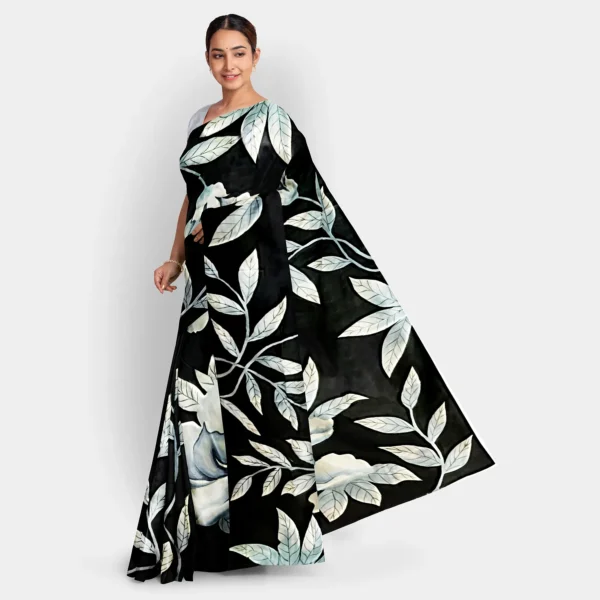 Black With White Floral Hand Printed Silk Saree - Image 3