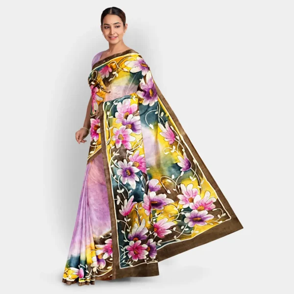 Pink Base & Floral Hand Printed Silk Saree - Image 4