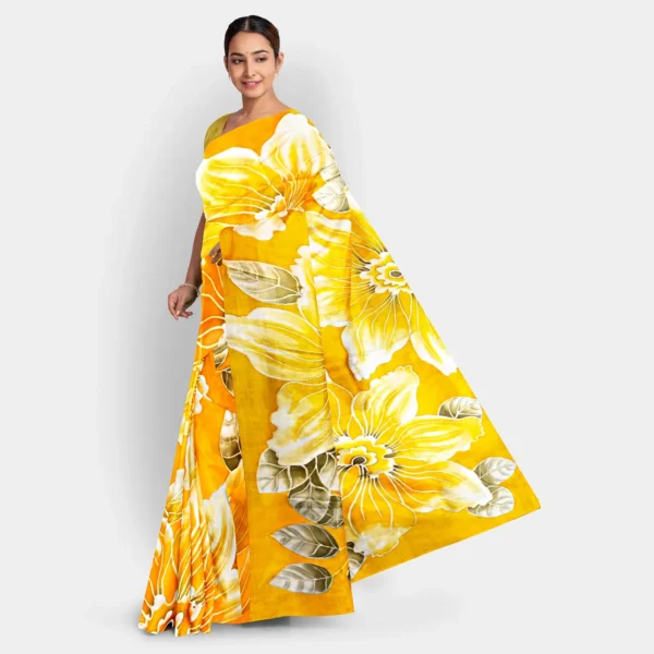 Golden Yellow With White Floral Hand Printed Silk Saree - Image 3
