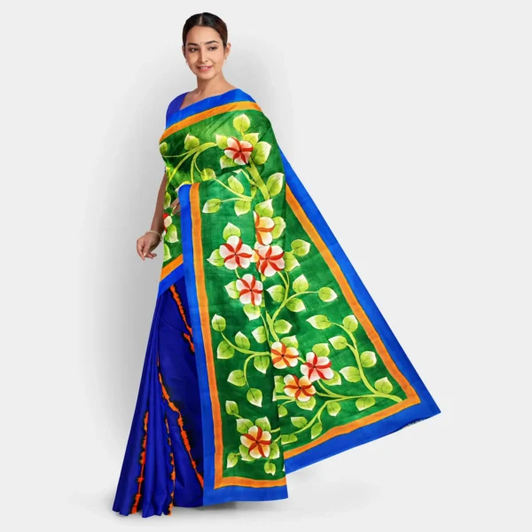 Blue Shibori With Floral Hand Print Half & Half Silk Saree - Image 3