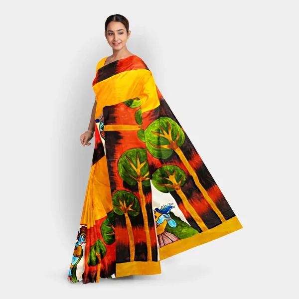 Deep Yellow With Hand Printed Silk Saree - Image 3