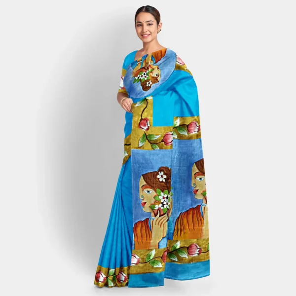 Sky Blue With Figure Motif Hand Printed Silk Saree - Image 2