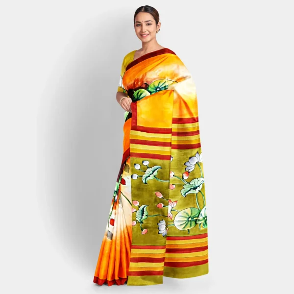 Deep Orange Base With Floral Hand Printed Silk Saree - Image 2