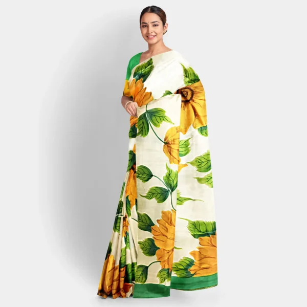 Sunflower Motif Hand Printed Silk Saree - Image 2